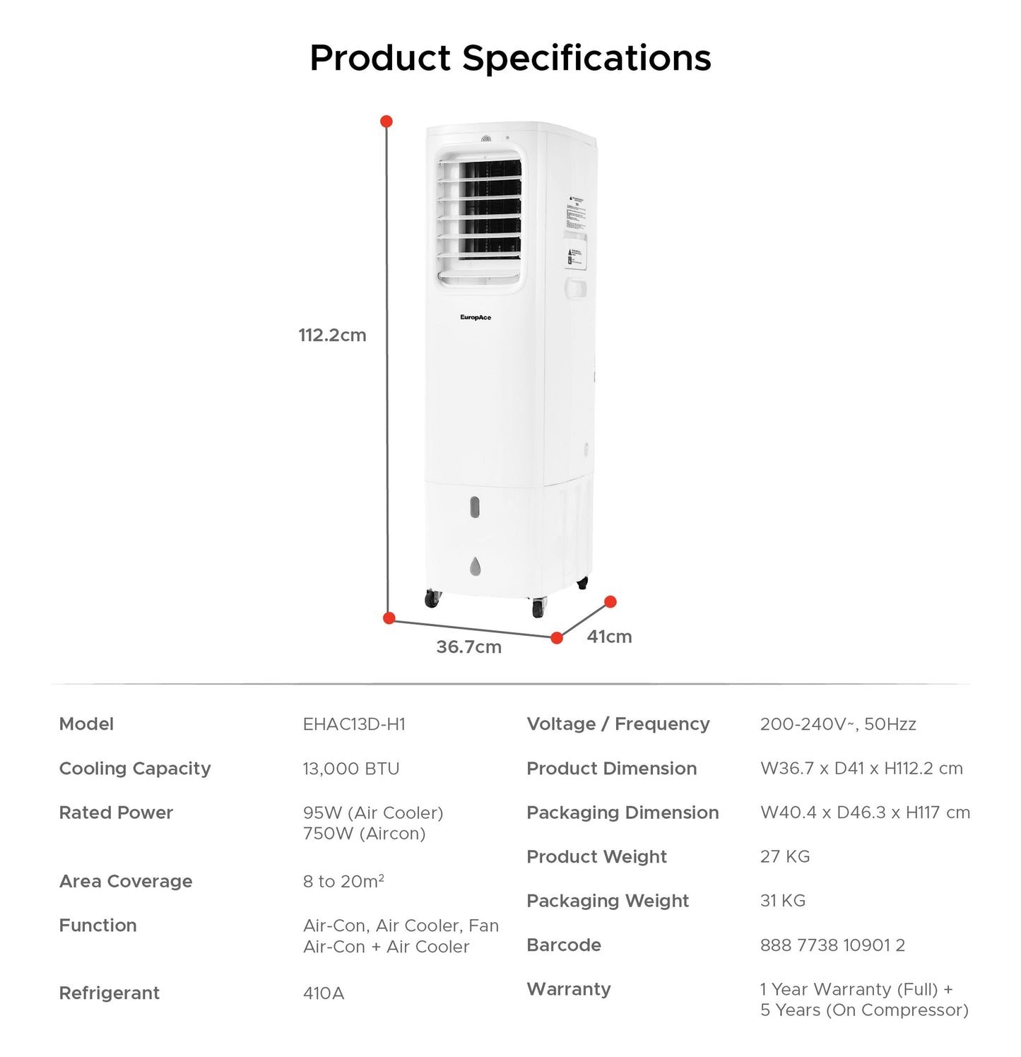 EUROPACE EHAC13DH1WH 4-IN-1 Hoseless Spot Cooler with Air Con Compressor