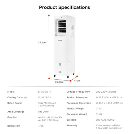 EUROPACE EHAC13DH1WH 4-IN-1 Hoseless Spot Cooler with Air Con Compressor