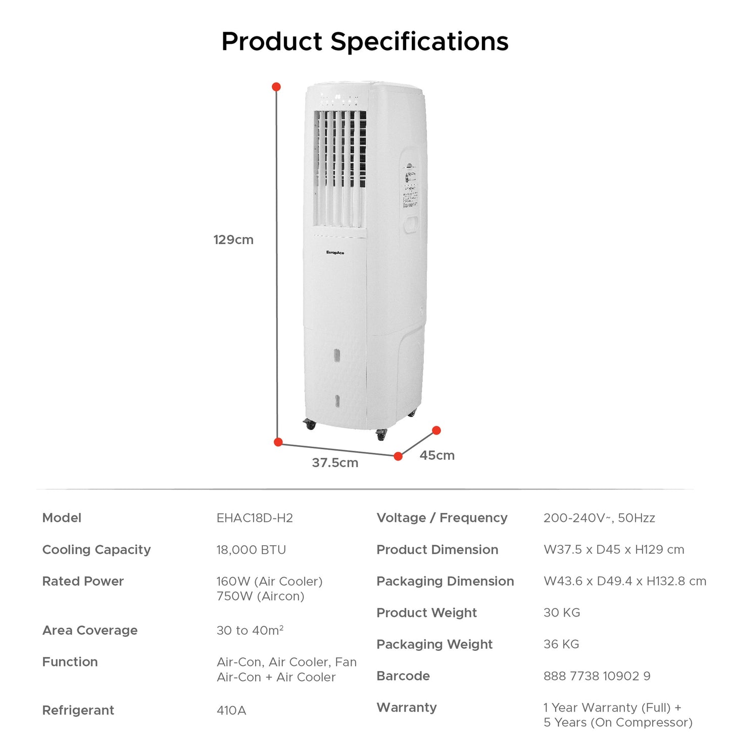 EUROPACE EHAC18DH2WH 4-IN-1 Hoseless Spot Cooler with Air Con Compressor
