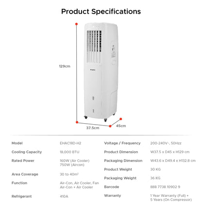 EUROPACE EHAC18DH2WH 4-IN-1 Hoseless Spot Cooler with Air Con Compressor