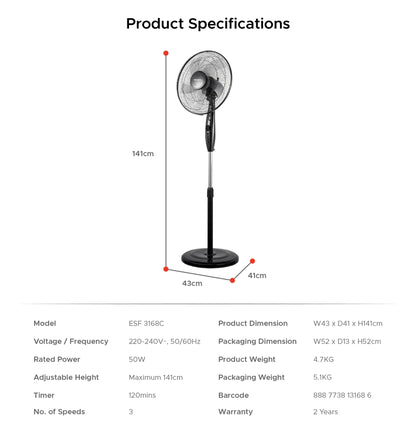 EUROPACE ESF3168C Manual Stand Fan 16”