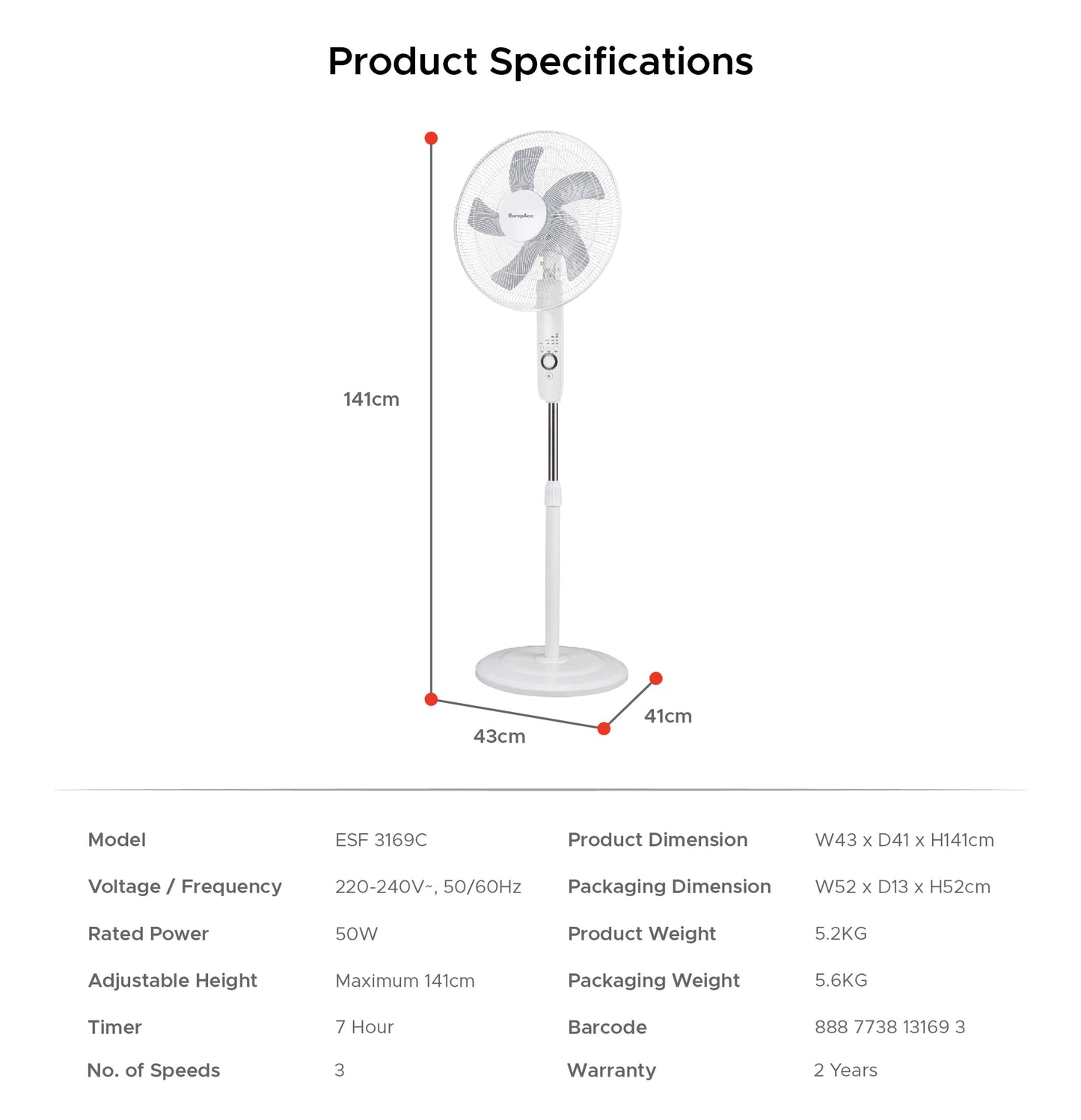 EUROPACE ESF3169C Stand Fan With Remote Control 16”