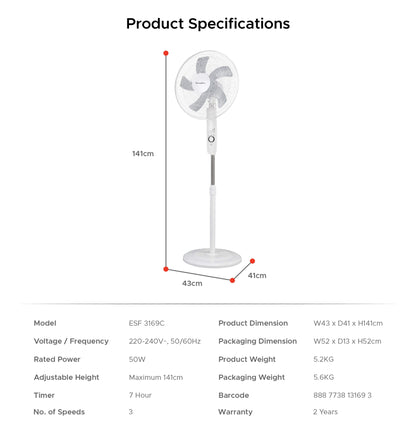 EUROPACE ESF3169C Stand Fan With Remote Control 16”