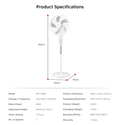 EUROPACE ESF3182D Stand Fan With Remote Control 18”
