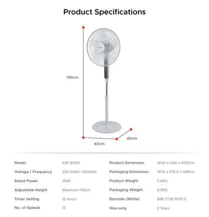 EUROPACE ESF8135V DC Motor Stand Fan 16”