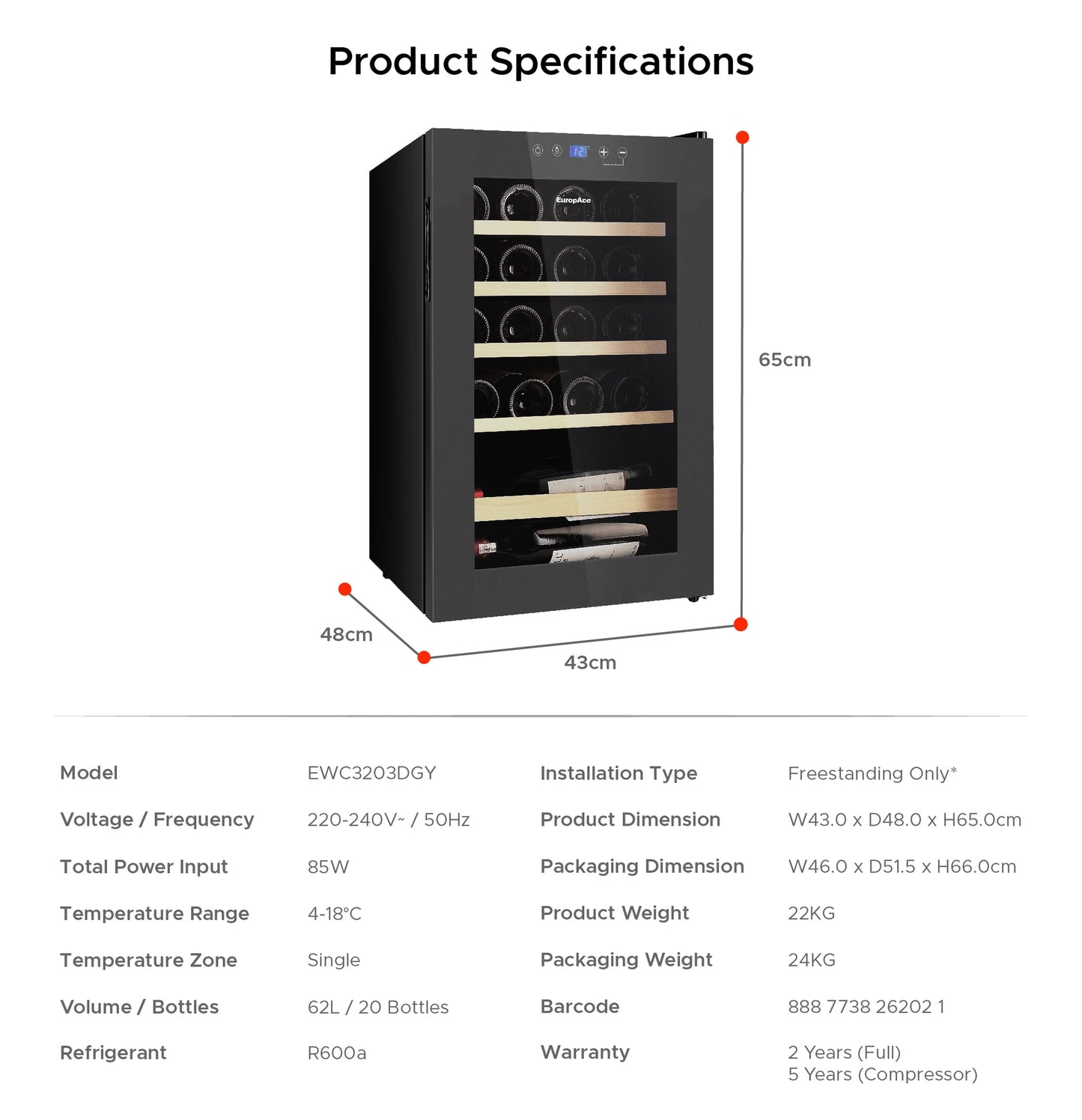 EUROPACE EWC3203DGY Wine Chiller 20 Bottles