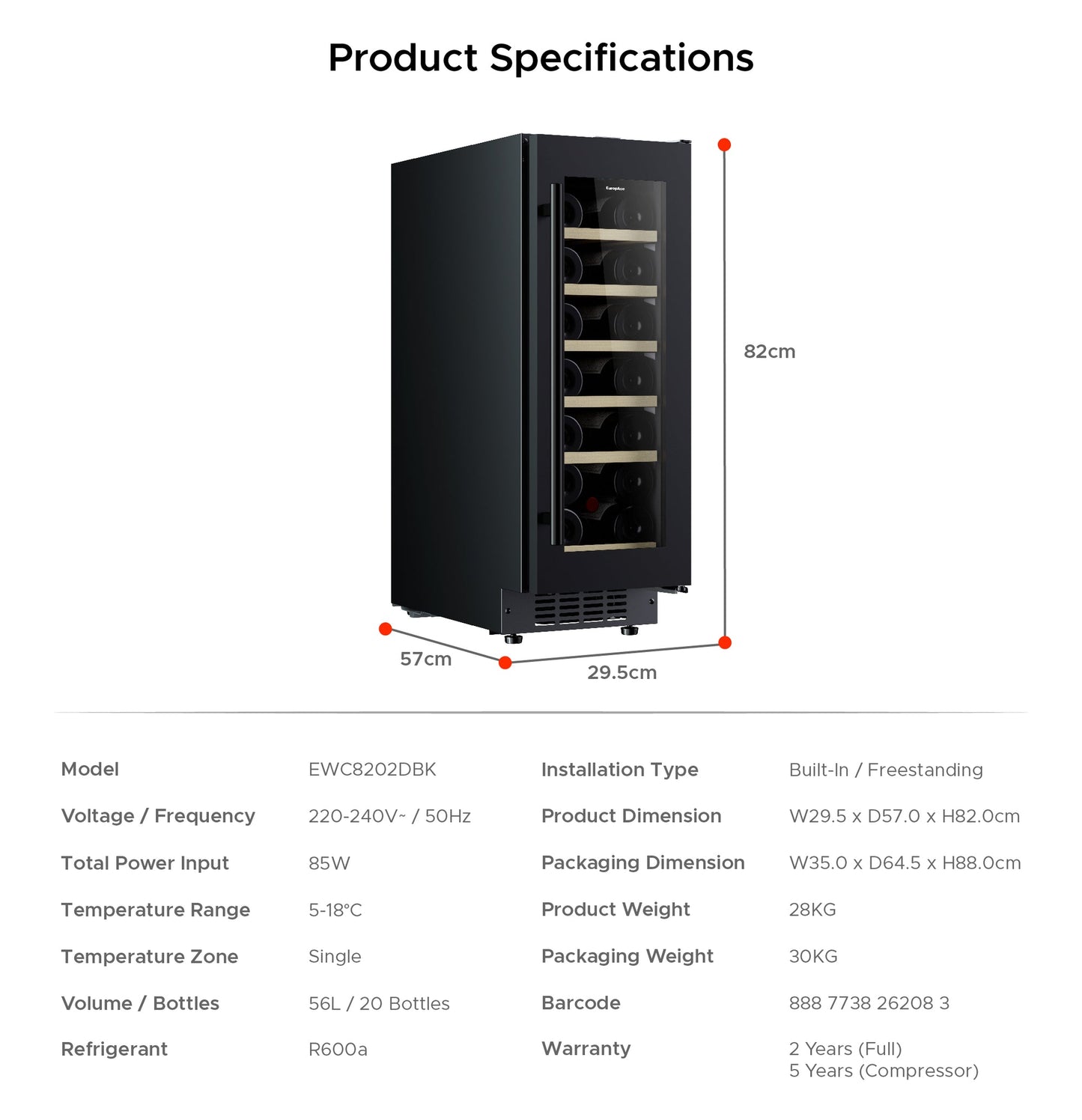 EUROPACE EWC8202DBK Slim Wine Chiller 20 Bottles