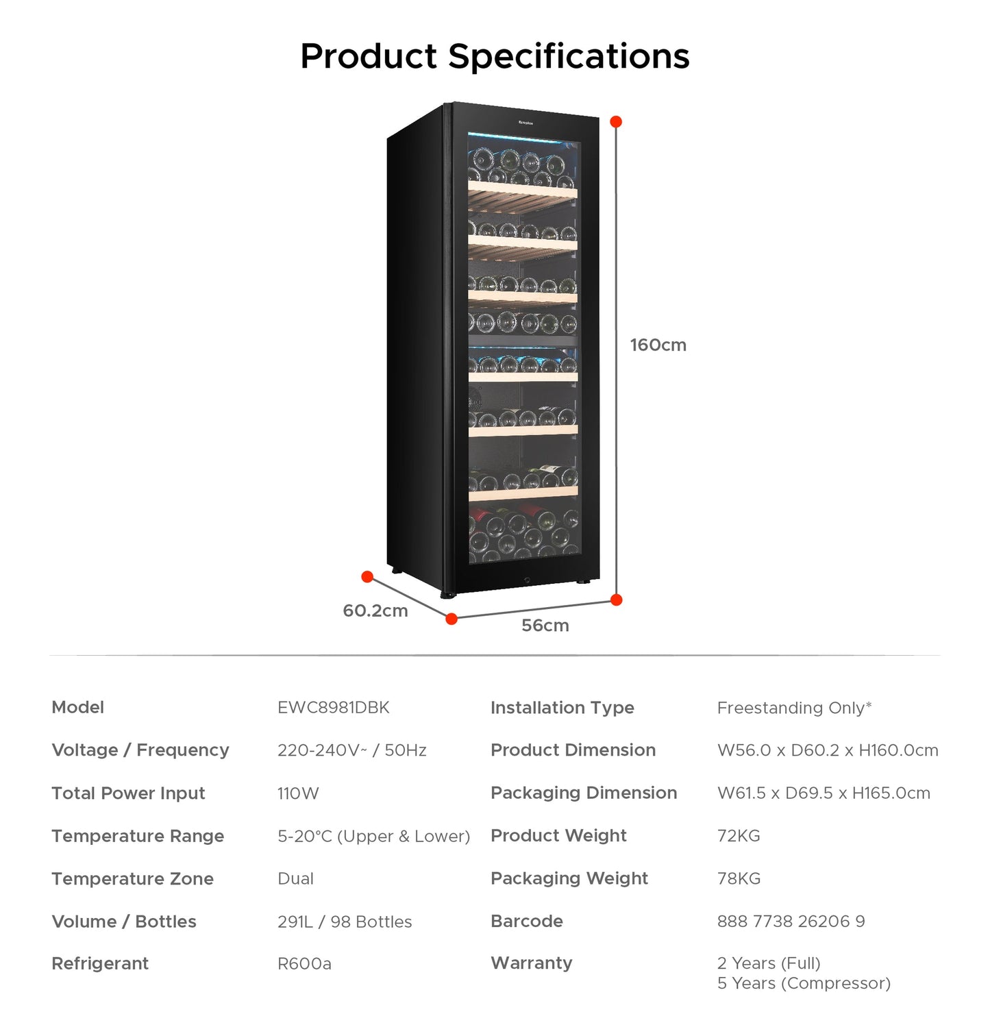 EUROPACE EWC8981DBK Dual Zone Wine Chiller 98 Bottles