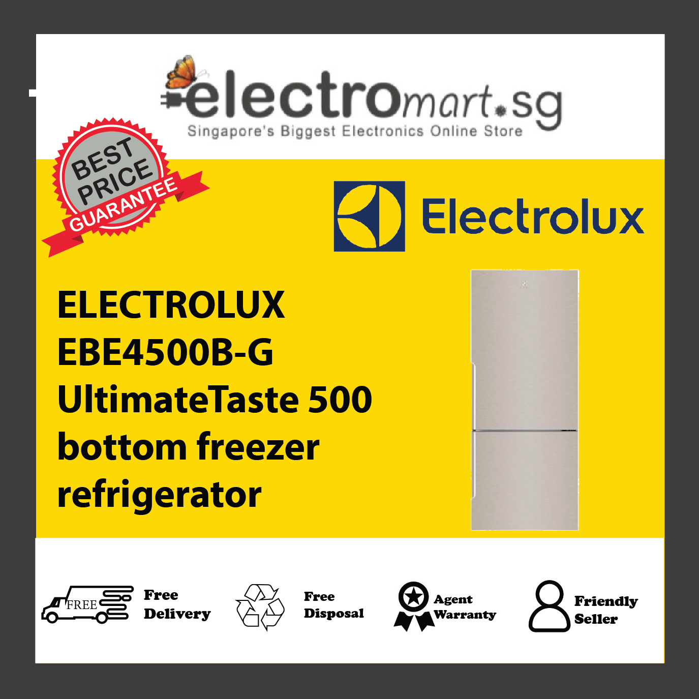 ELECTROLUX EBE4500B-G UltimateTaste 500 bottom freezer refrigerator 421L