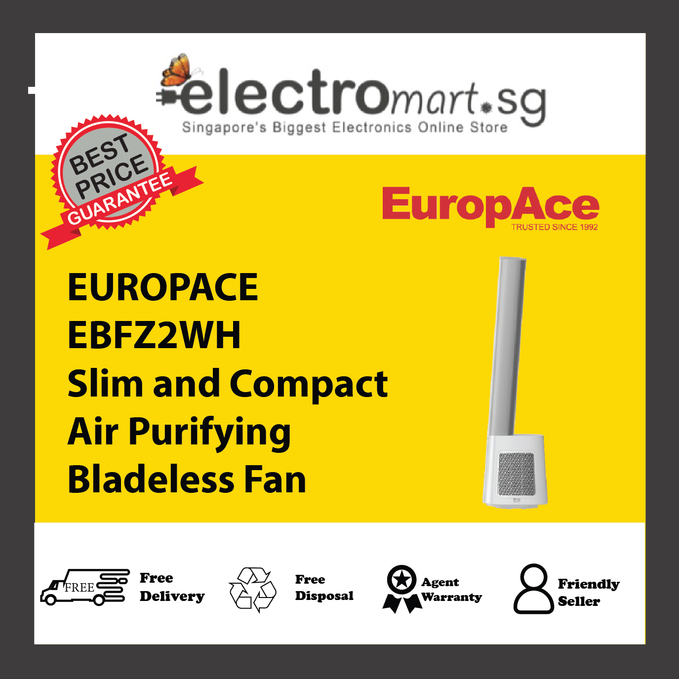 EUROPACE EBFZ2WH Slim and Compact Air Purifying Bladeless Fan
