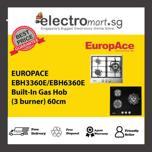 EUROPACE EBH3360E/EBH6360E Built-In Gas Hob (3 burner) 60cm