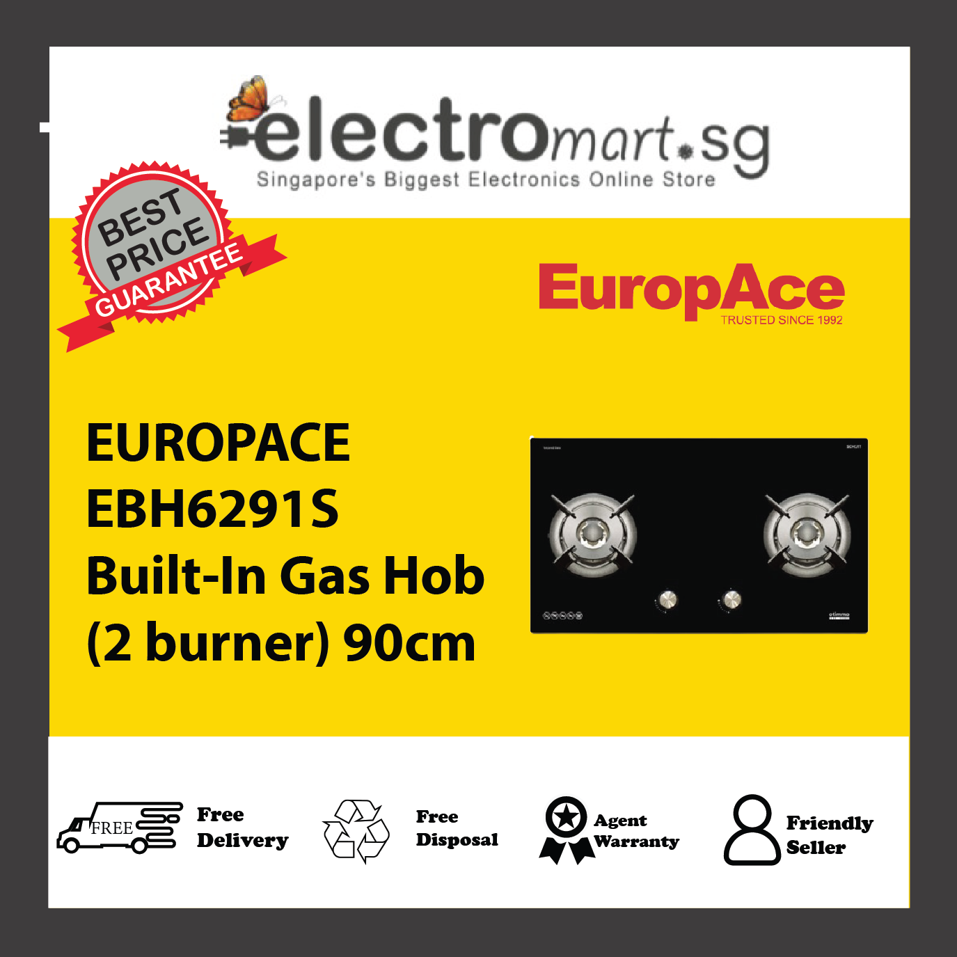 EUROPACE EBH6291S Built-In Gas Hob (2 burner) 90cm