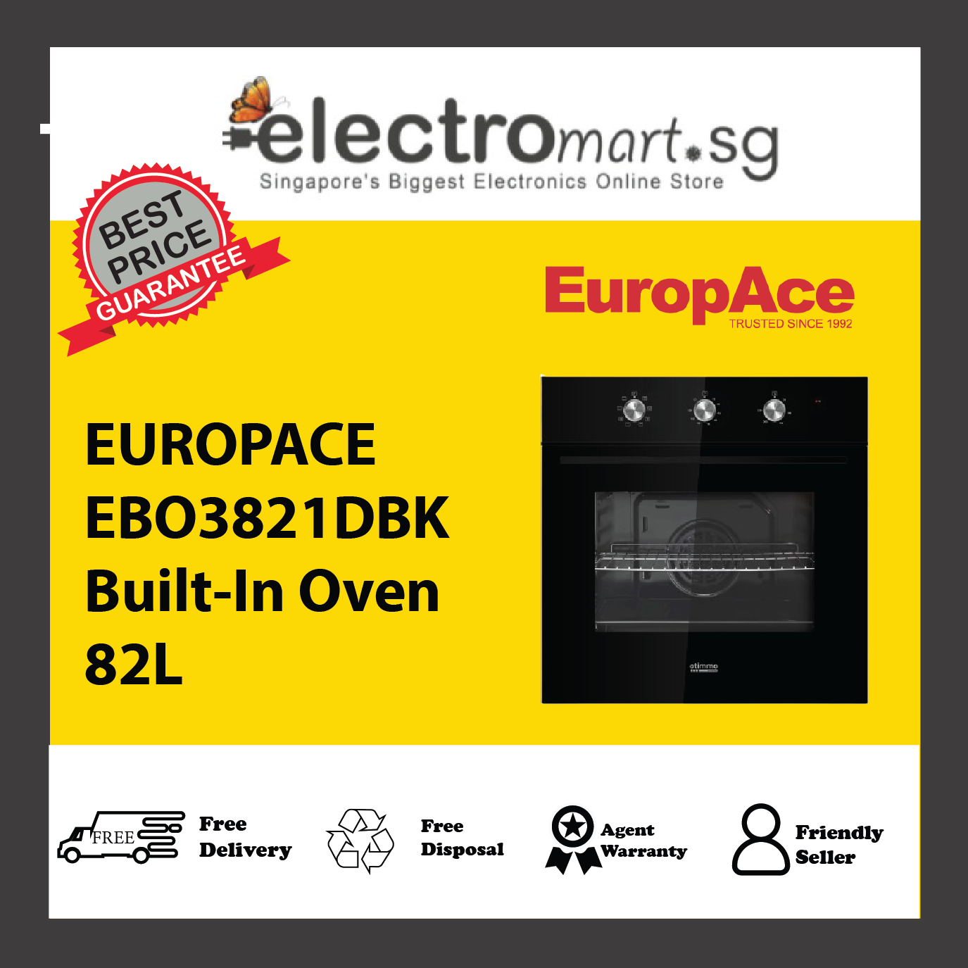 EUROPACE EBO3821DBK Built-In Oven 82L