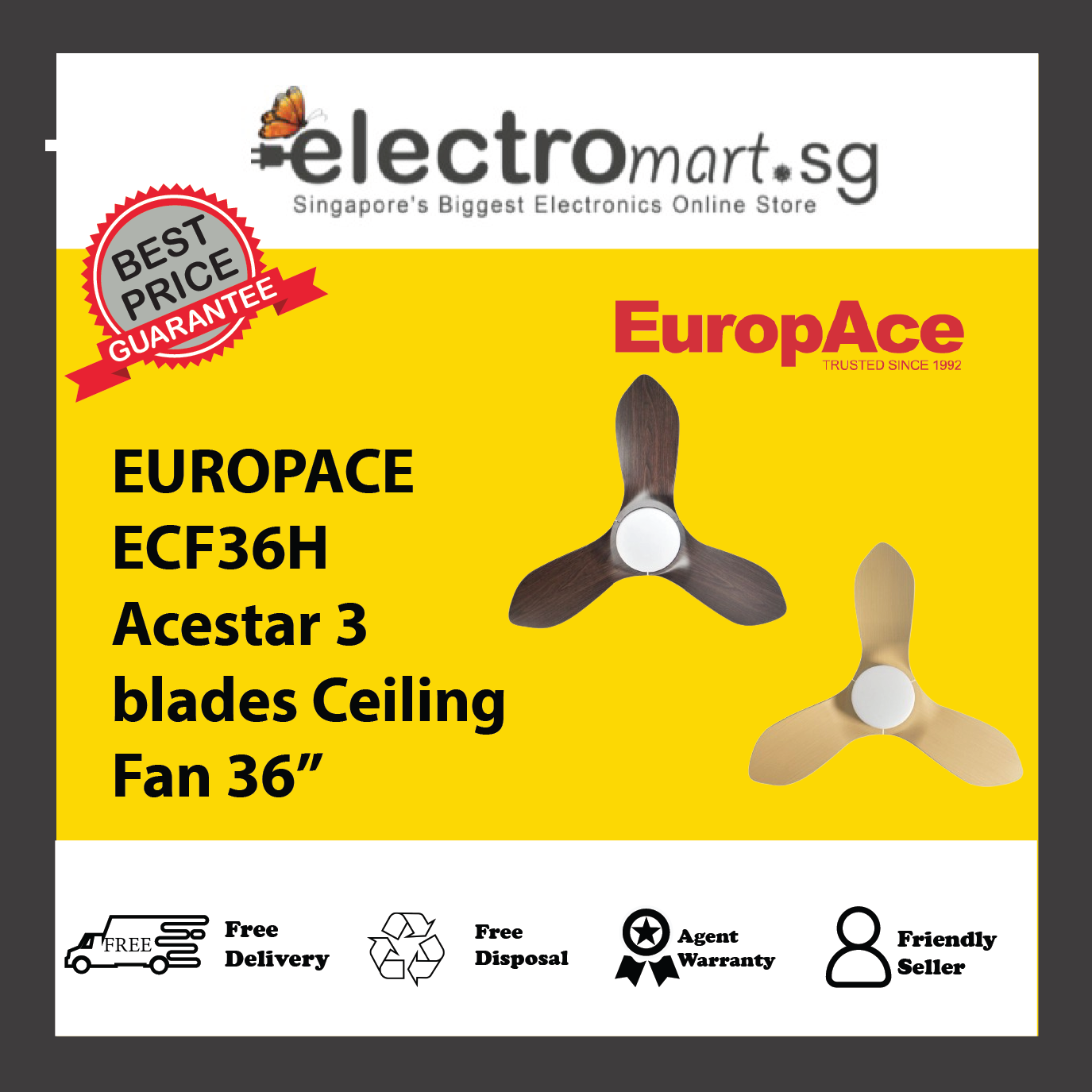EUROPACE ECF36H Acestar 3  blades Ceiling Fan 36”