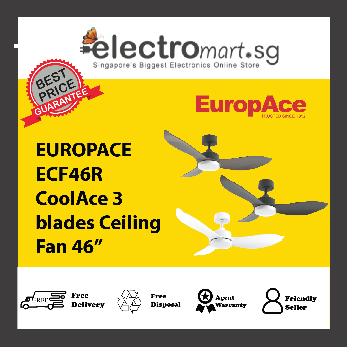EUROPACE ECF46R CoolAce 3  blades Ceiling Fan 46”