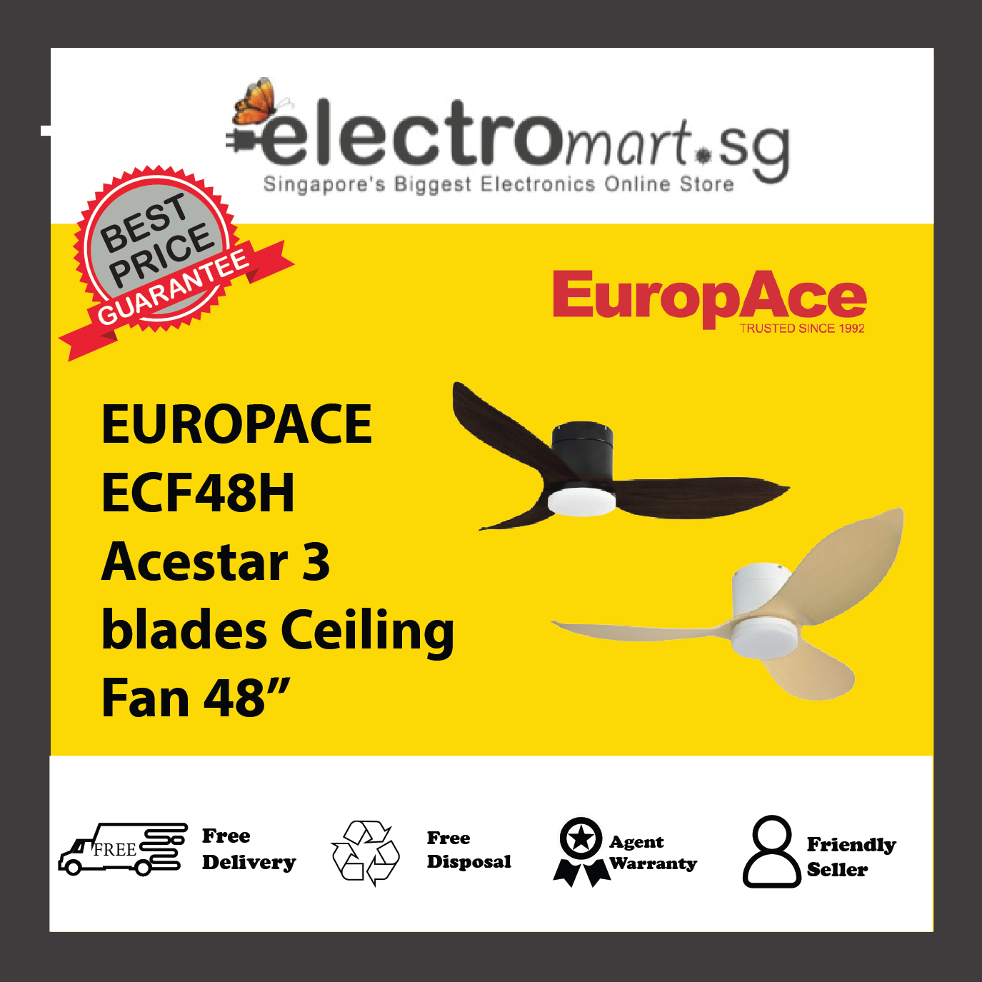 EUROPACE ECF48H Acestar 3  blades Ceiling Fan 48”
