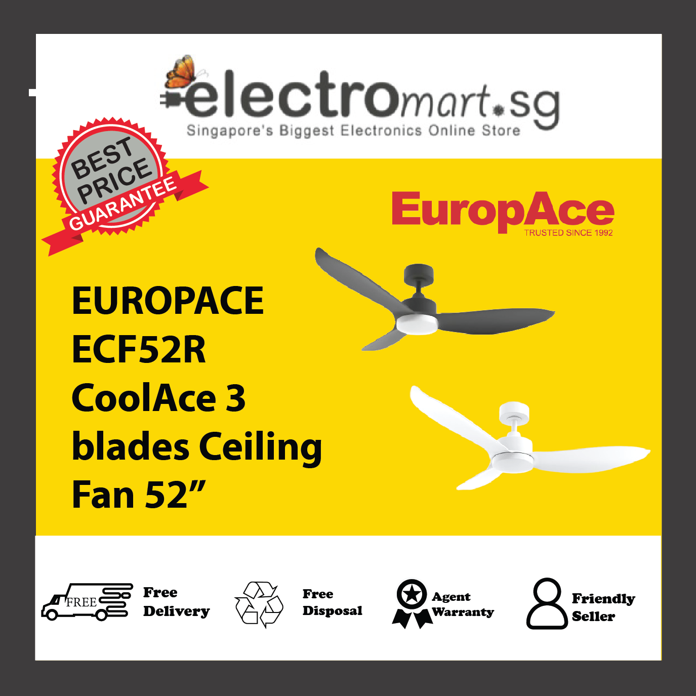 EUROPACE ECF52R CoolAce 3  blades Ceiling Fan 52”