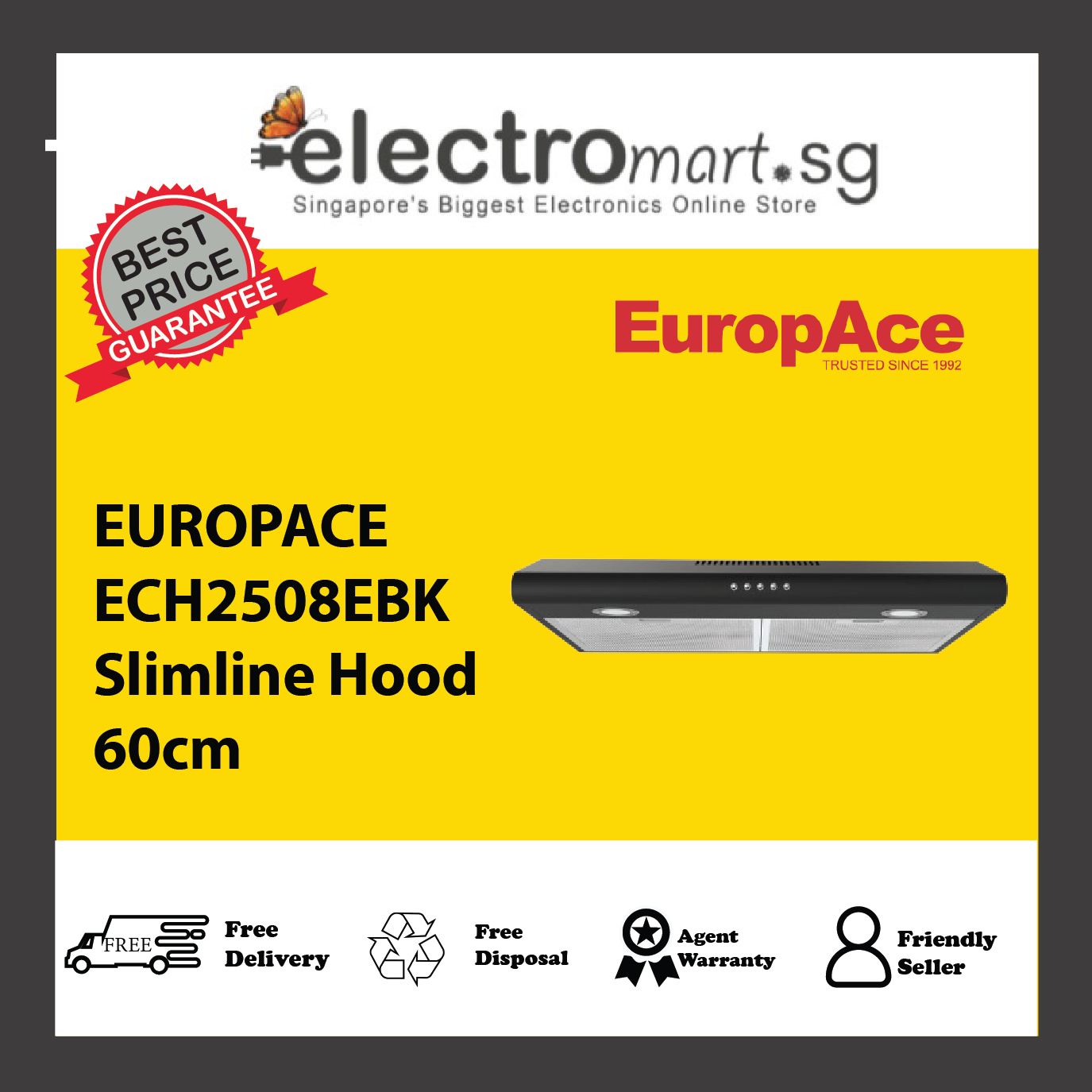 EUROPACE ECH2508EBK Slimline Hood 60cm