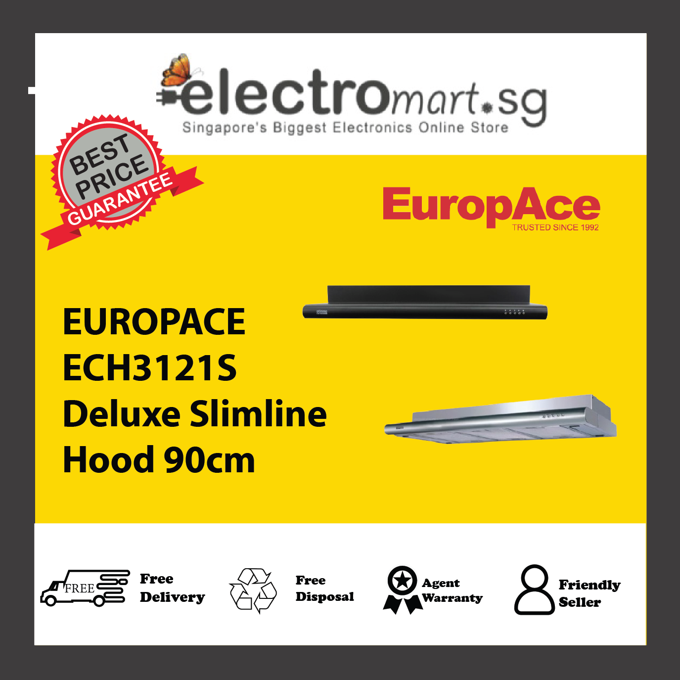 EUROPACE ECH3121S Deluxe Slimline Hood 90cm