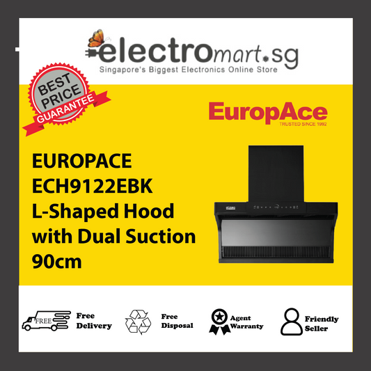 EUROPACE ECH9122EBK L-Shaped Hood with Dual Suction 90cm