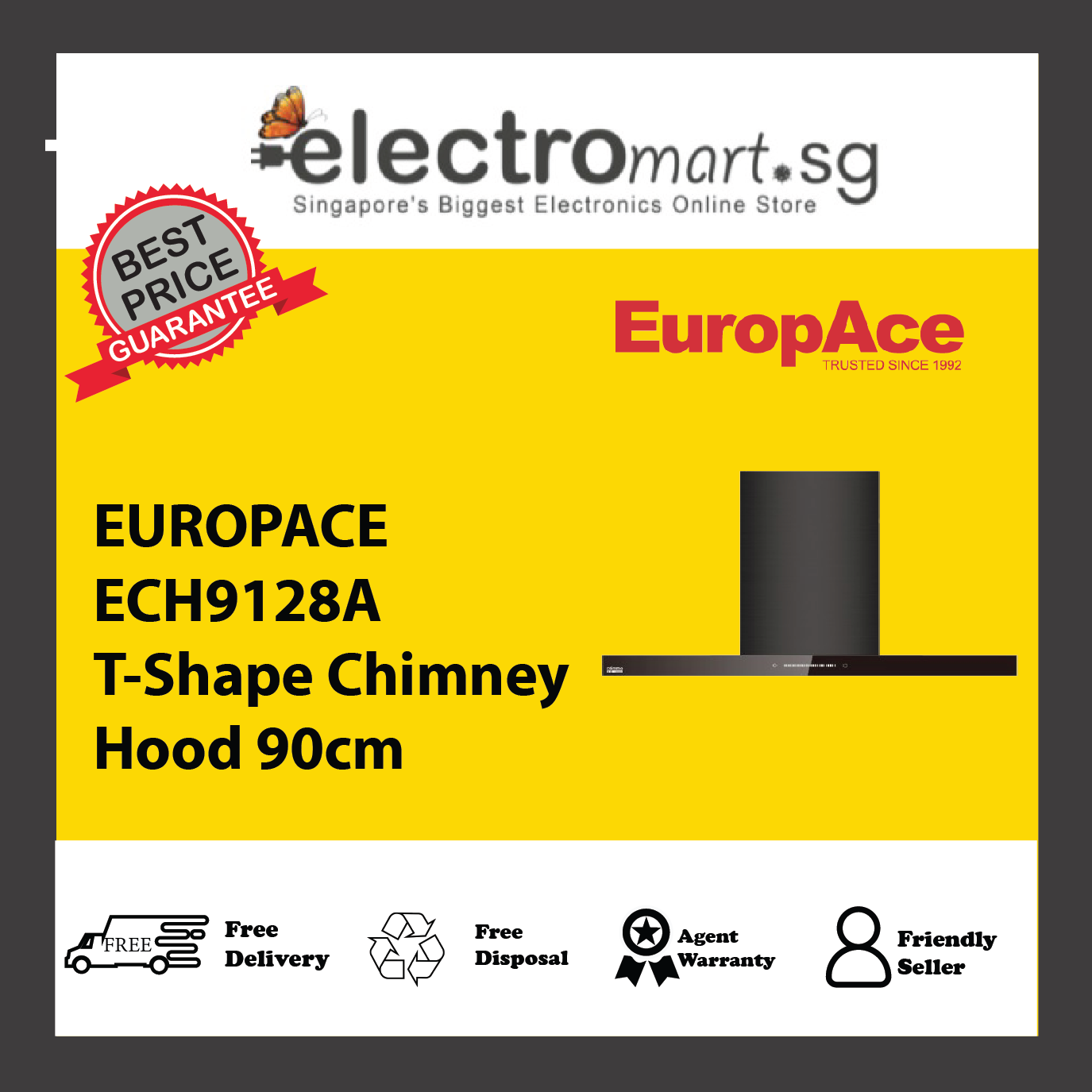 EUROPACE ECH9128A T-Shape Chimney Hood 90cm