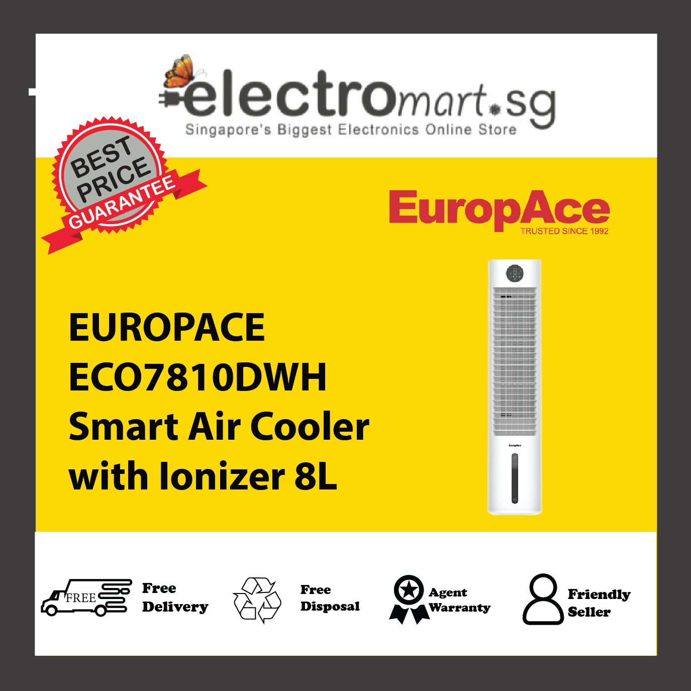 EUROPACE ECO7810DWH Smart Air Cooler with Ionizer 8L