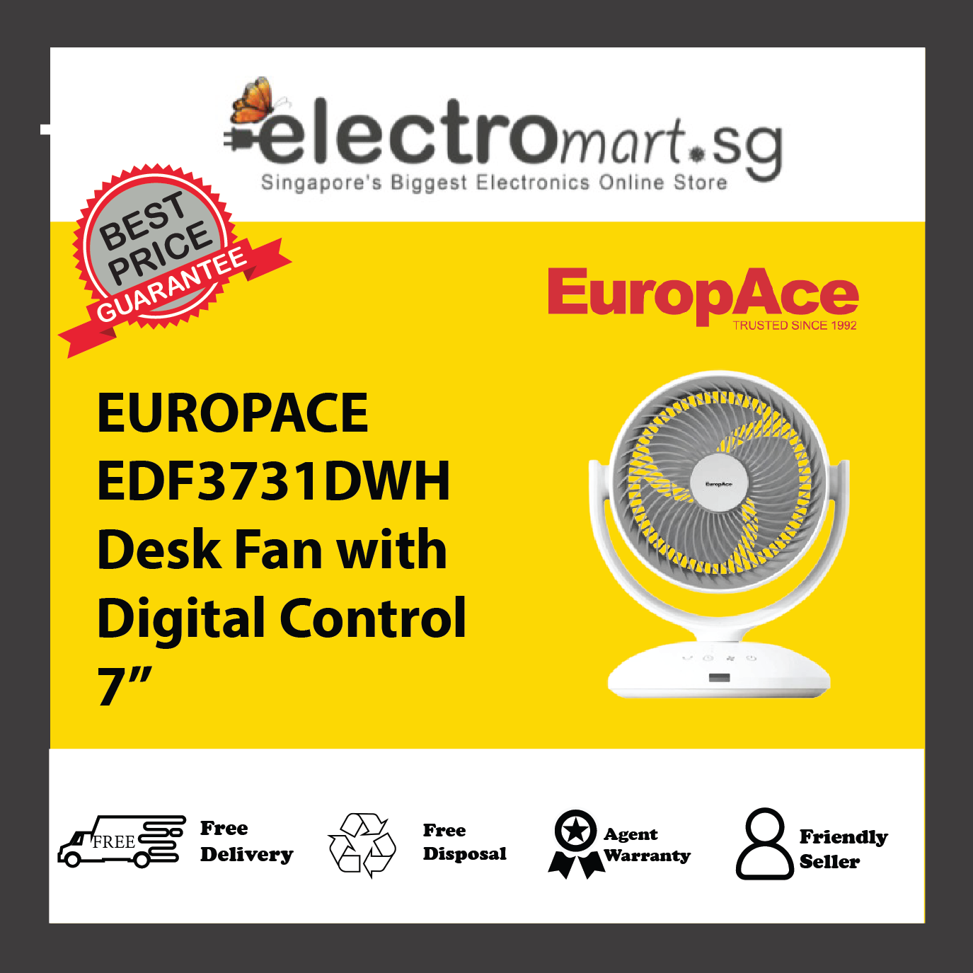 EUROPACE EDF3731DWH Desk Fan with Digital Control 7”