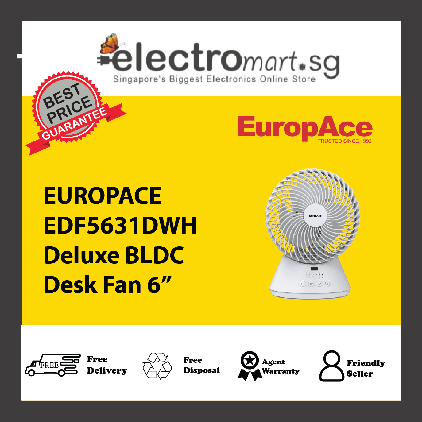EUROPACE EDF5631DWH Deluxe BLDC Desk Fan 6”