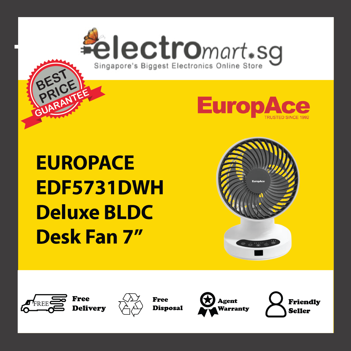 EUROPACE EDF5731DWH Deluxe BLDC Desk Fan 7”