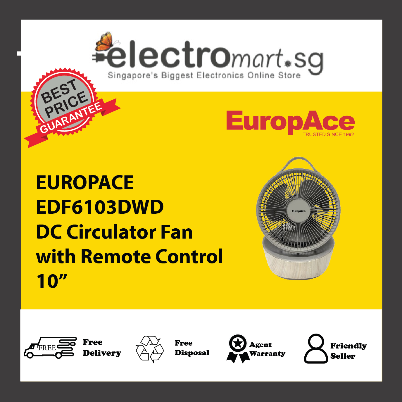 EUROPACE EDF6103DWD DC Circulator Fan with Remote Control 10”