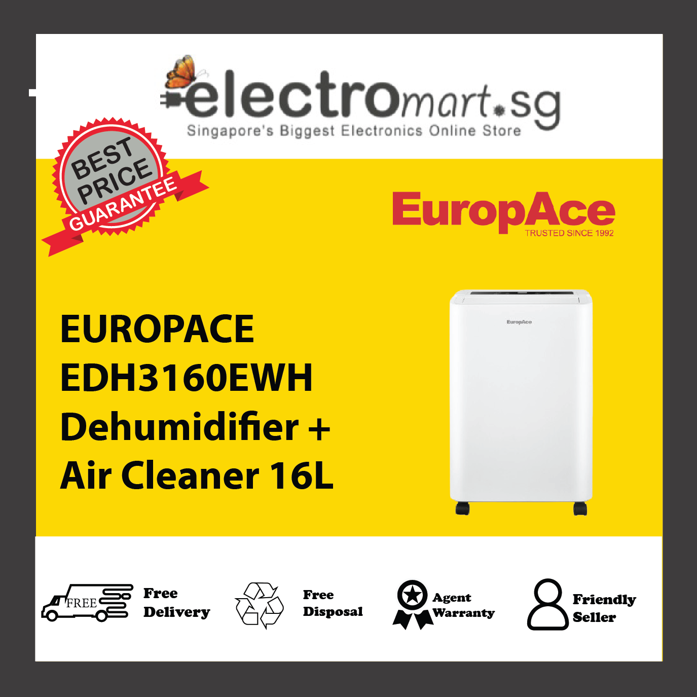 EUROPACE EDH3160EWH Dehumidifier + Air Cleaner 16L