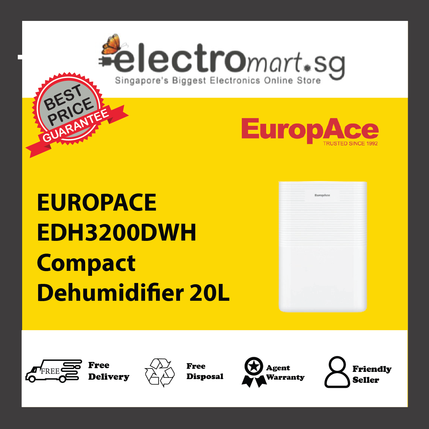 EUROPACE EDH3200DWH Compact Dehumidifier 20L