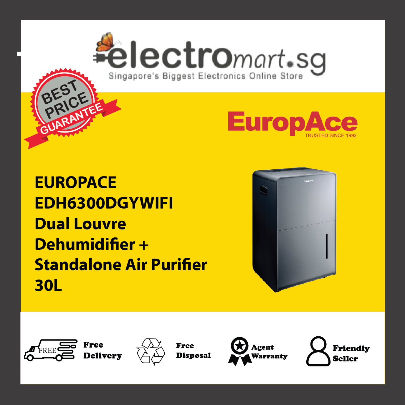 EUROPACE EDH6300DGYWIFI Dual Louvre Dehumidifier + Standalone Air Purifier 30L