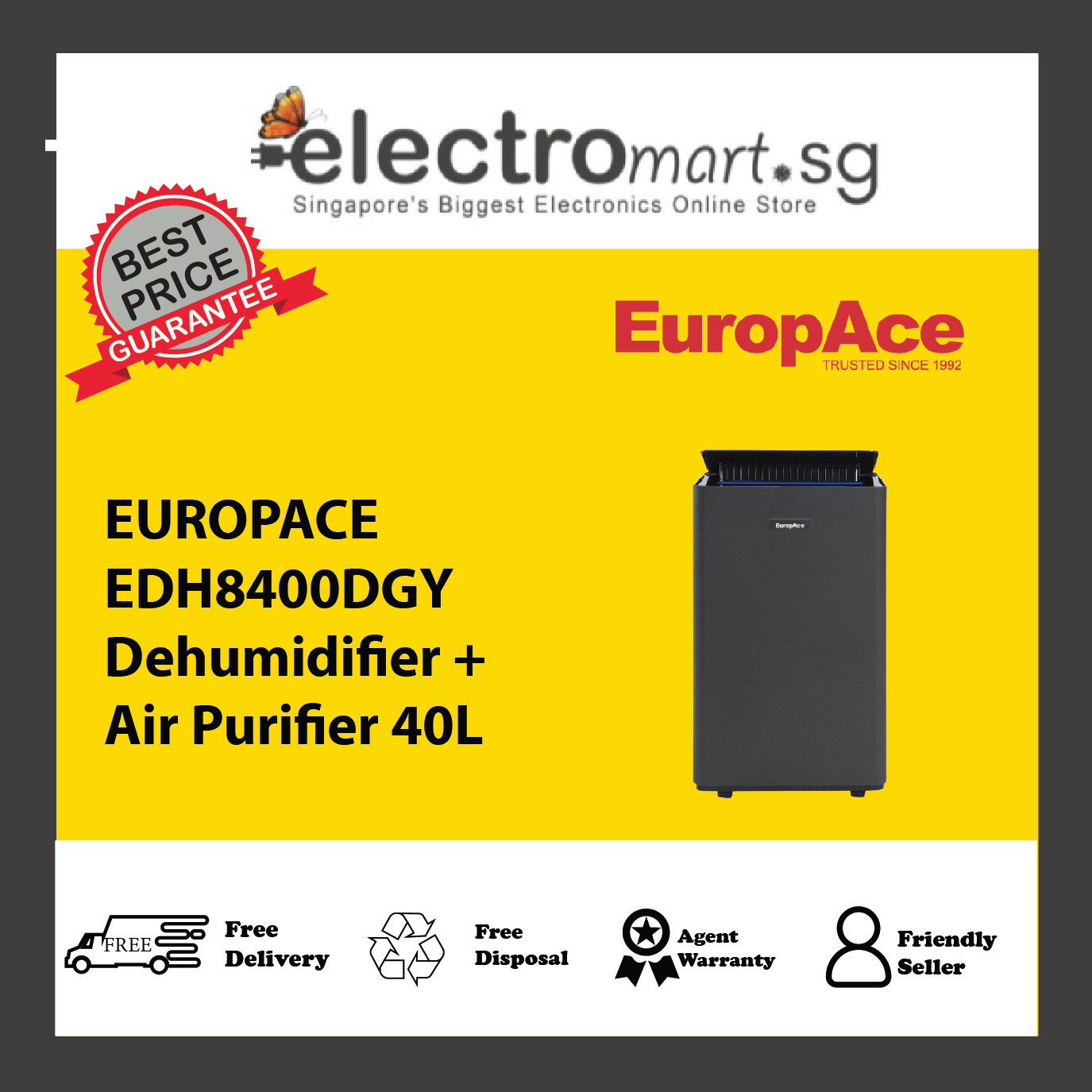 EUROPACE EDH8400DGY Dehumidifier + Air Purifier 40L