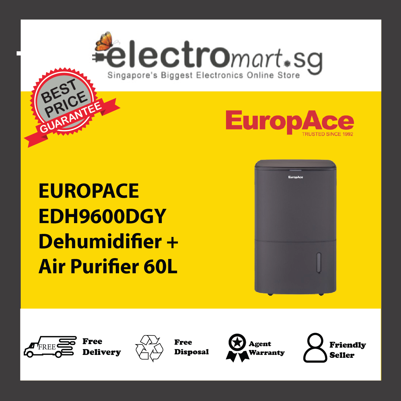 EUROPACE EDH9600DGY  Dehumidifier + Air Purifier 60L