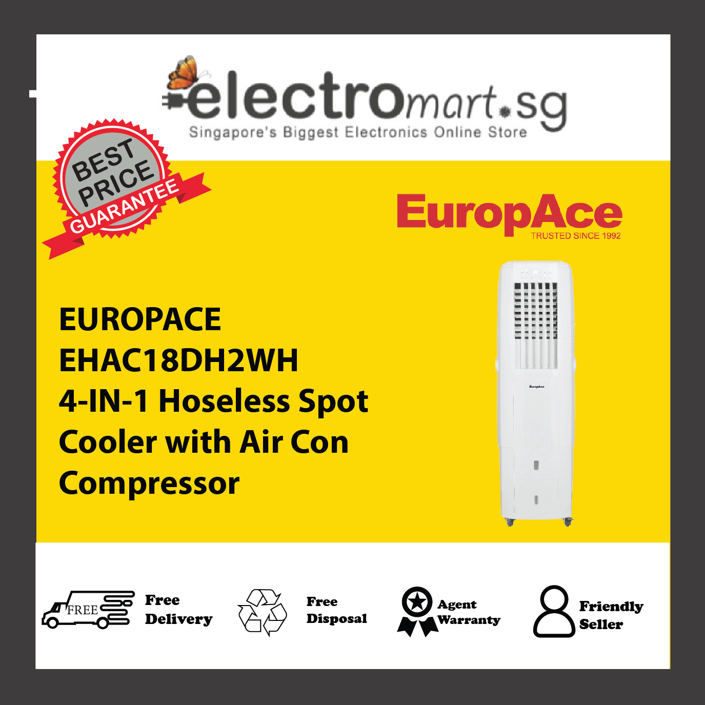 EUROPACE EHAC18DH2WH 4-IN-1 Hoseless Spot Cooler with Air Con Compressor