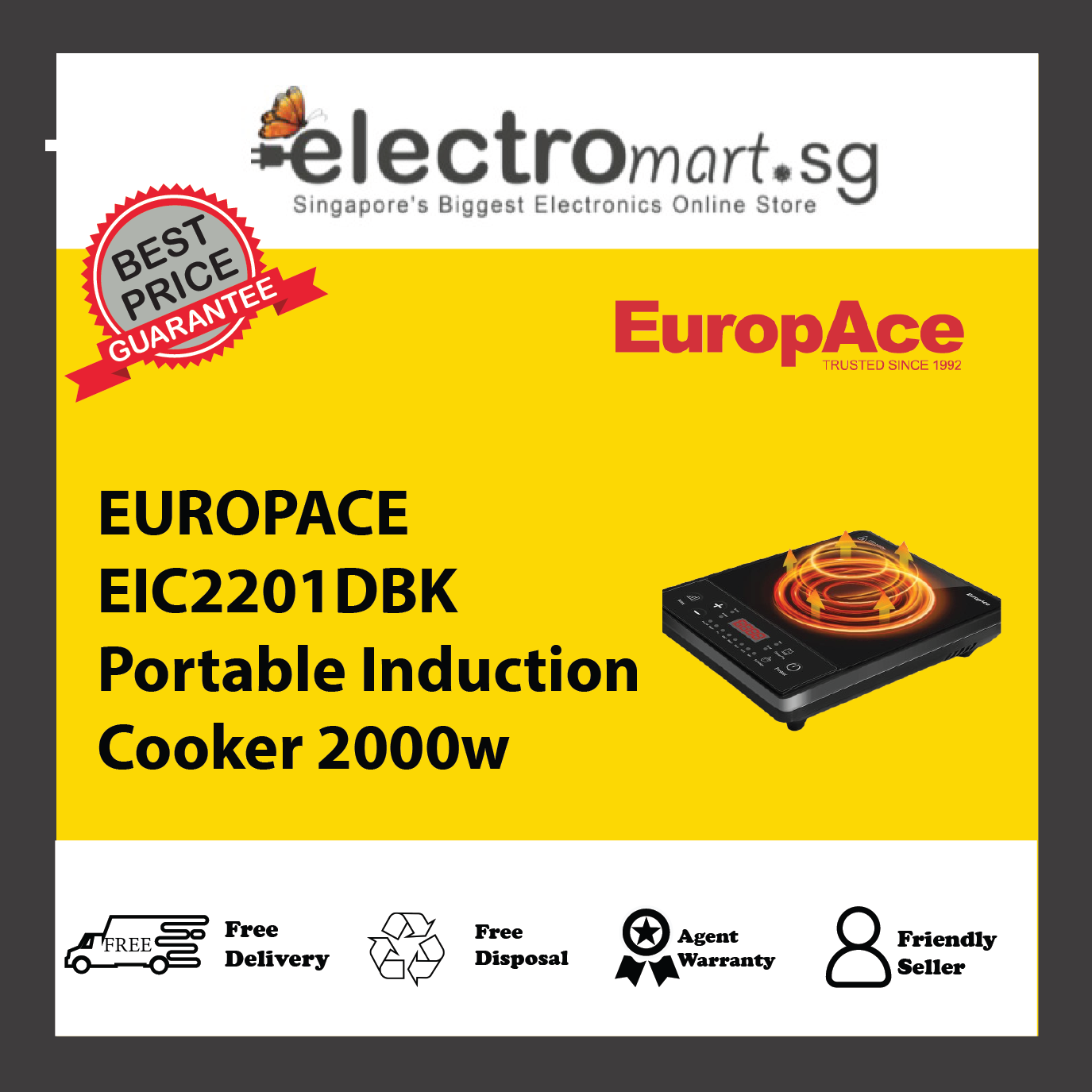 EUROPACE EIC2201DBK Portable Induction Cooker 2000w