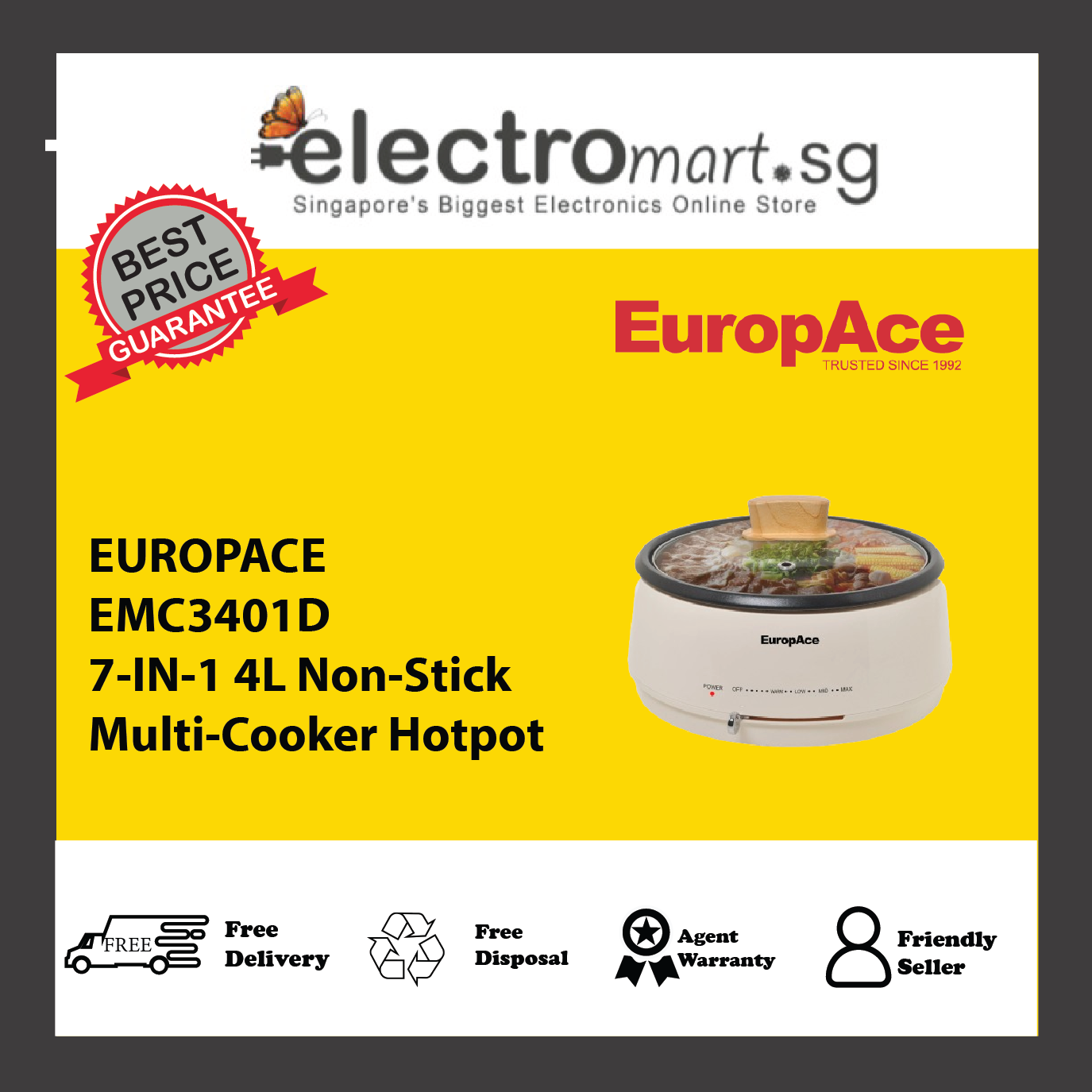 EUROPACE EMC3401D 7-IN-1 4L Non-Stick Multi-Cooker Hotpot