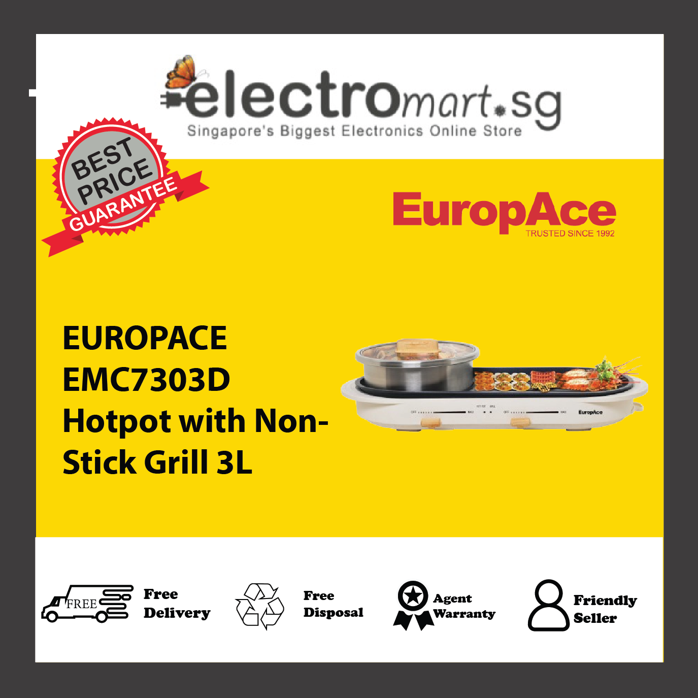 EUROPACE EMC7303D Hotpot with Non- Stick Grill 3L
