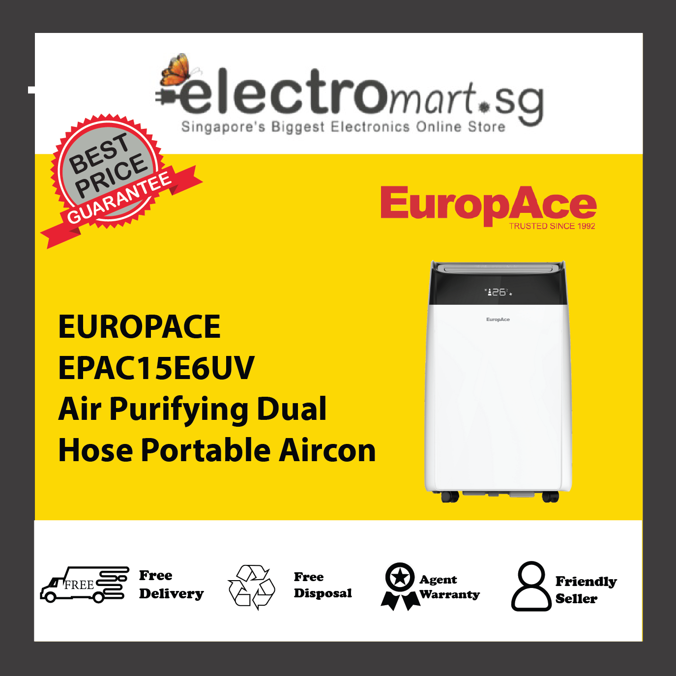 EUROPACE EPAC15E6UV Air Purifying Dual Hose Portable Aircon