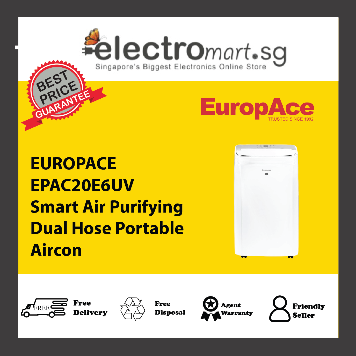 EUROPACE EPAC20E6UV Smart Air Purifying Dual Hose Portable Aircon