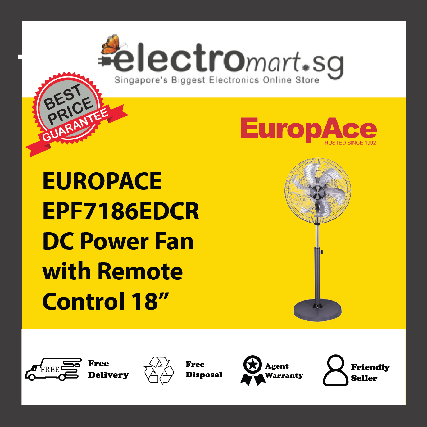 EUROPACE EPF7186EDCR DC Power Fan with Remote Control 18”
