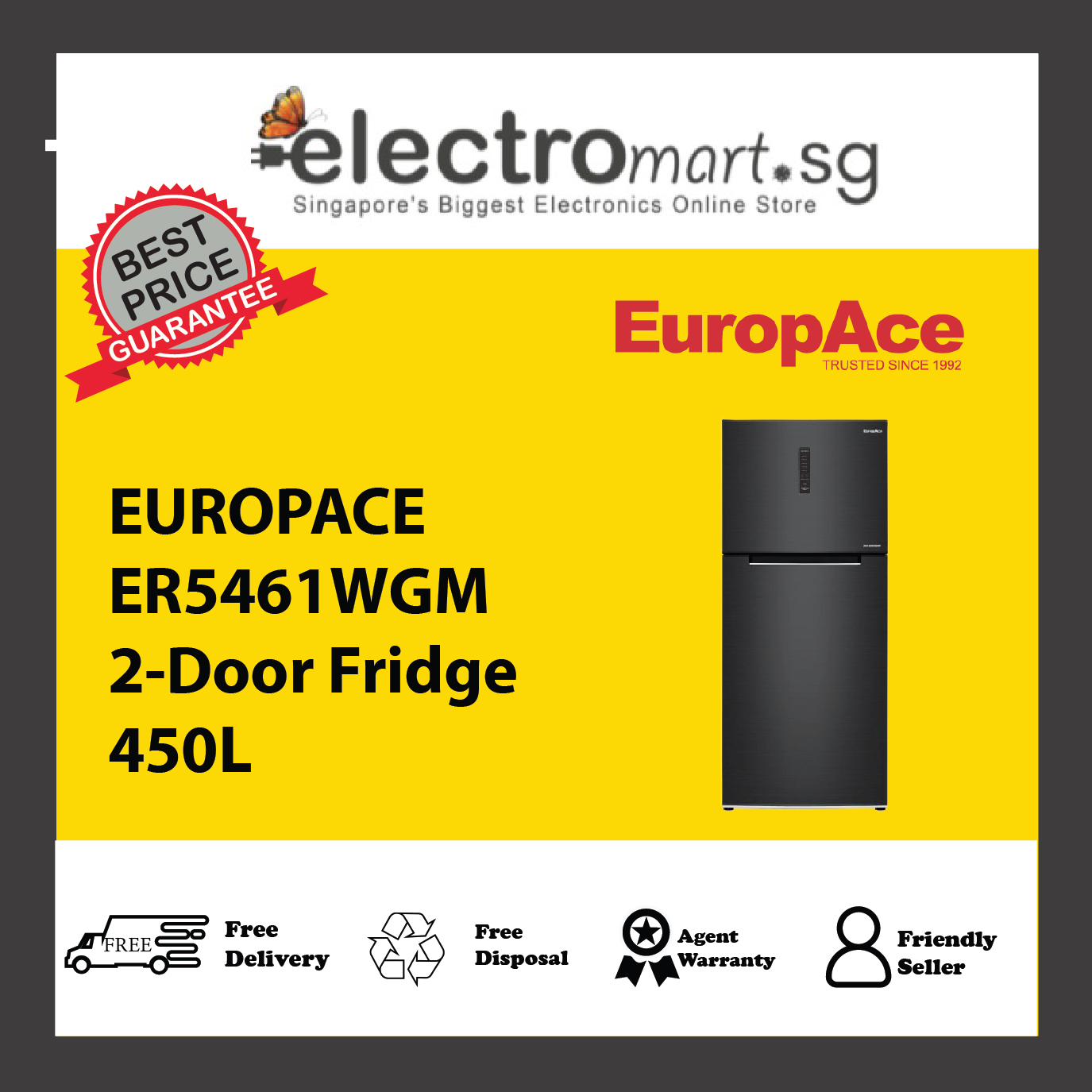 EUROPACE ER5461WGM 2-Door Fridge 450L