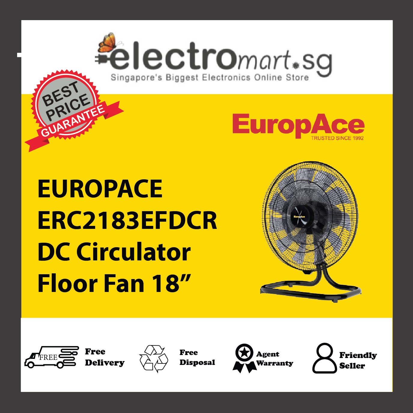 EUROPACE ERC2183EFDCR DC Circulator Floor Fan 18”
