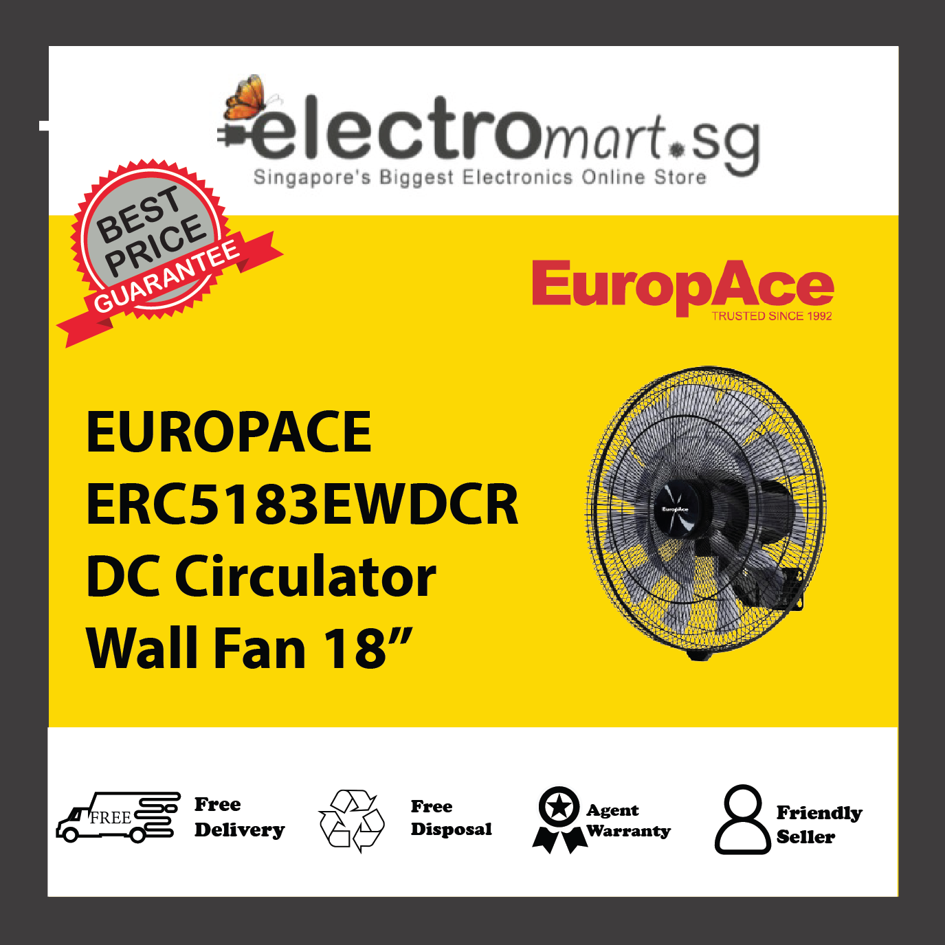 EUROPACE ERC5183EWDCR DC Circulator Wall Fan 18”