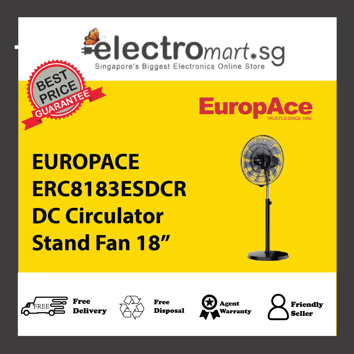 EUROPACE ERC8183ESDCR DC Circulator Stand Fan 18”