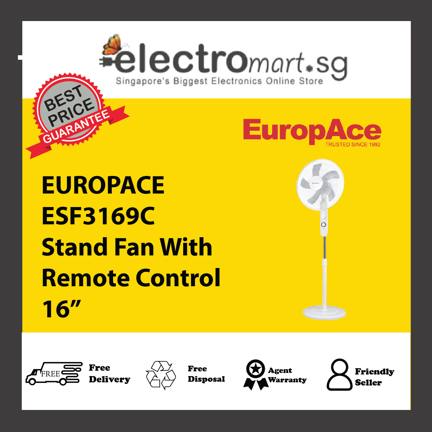 EUROPACE ESF3169C Stand Fan With Remote Control 16”