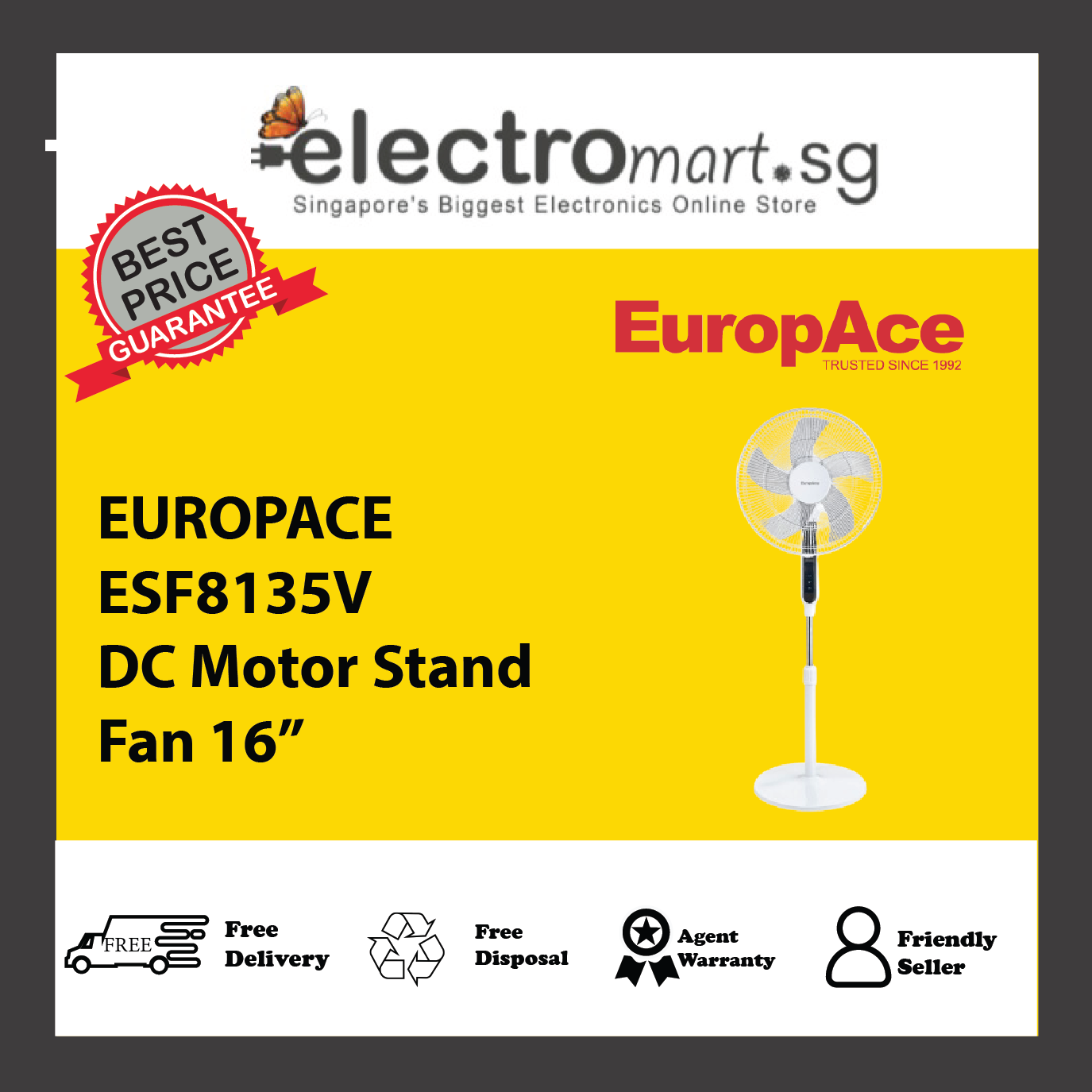 EUROPACE ESF8135V DC Motor Stand Fan 16”