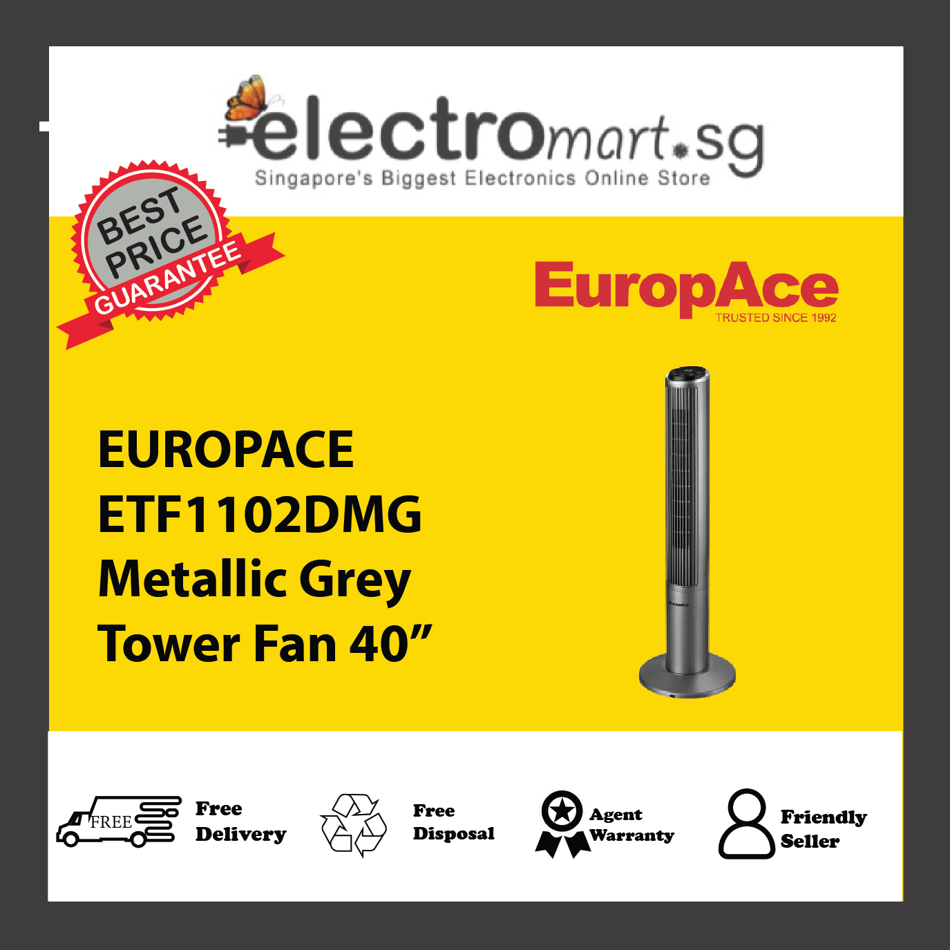 EUROPACE ETF1102DMG Metallic Grey Tower Fan 40”