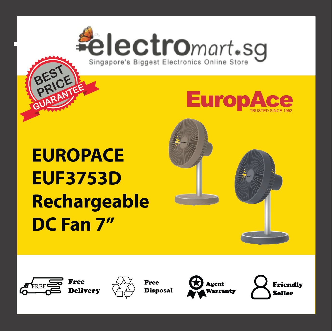 EUROPACE EUF3753D Rechargeable DC Fan 7”